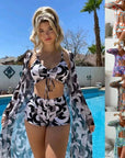 3pcs Pring Bikini With Long Sleeve Cardigan Fashion Summer Beach Swimsuit Women
