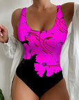 Women's 3D Printed Tight One-piece Swimsuit in pink floral design, perfect for summer beach or poolside wear.
