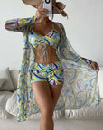 3pcs Pring Bikini With Long Sleeve Cardigan Fashion Summer Beach Swimsuit Women
