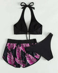 3pcs Leaf Print Bikini With Shorts Fashion Summer Beach Swimsuit Womens Clothing