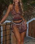 Lace Halter Deep V-neck Suits Fashion Split Skirt Summer Beach Leopard Set For Women Clothing