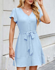 Solid Color And V-neck Belt Button Cardigan Short Sleeve Dress