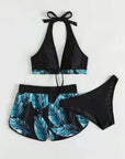 3pcs Leaf Print Bikini With Shorts Fashion Summer Beach Swimsuit Womens Clothing