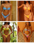 Women's split printed bikini swimsuit in vibrant colors like blue, yellow, and pink. Stylish bralette and matching panties.