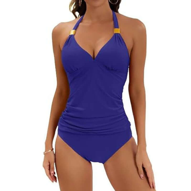 Women's pure color halter split tie two piece swimsuit in vibrant royal blue, perfect for summer beach outings.