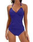 Women's pure color halter split tie two piece swimsuit in vibrant royal blue, perfect for summer beach outings.