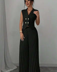 Summer Sleeveless Suit Fashion Lapel Button Vest Top And Pleated Straight Pants Women's Trousers Set Clothing