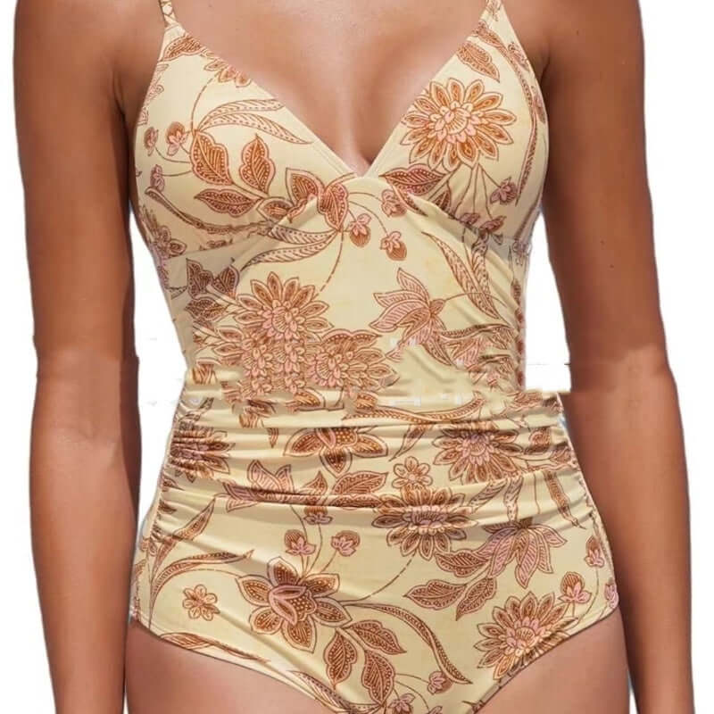 Belly Contracting one-piece V-neck push up swimsuit for women, featuring floral pattern and high waist design.