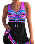 Colorful plus size women's swimwear featuring a backless design and split skirt, perfect for summer beach outings.