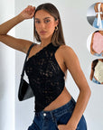 Ins Lace Backless Top Summer Solid Color Waistless Asymmetrical Sloped Neck Vest Streetwear Womens Clothes