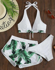 3pcs Leaf Print Bikini With Shorts Fashion Summer Beach Swimsuit Womens Clothing
