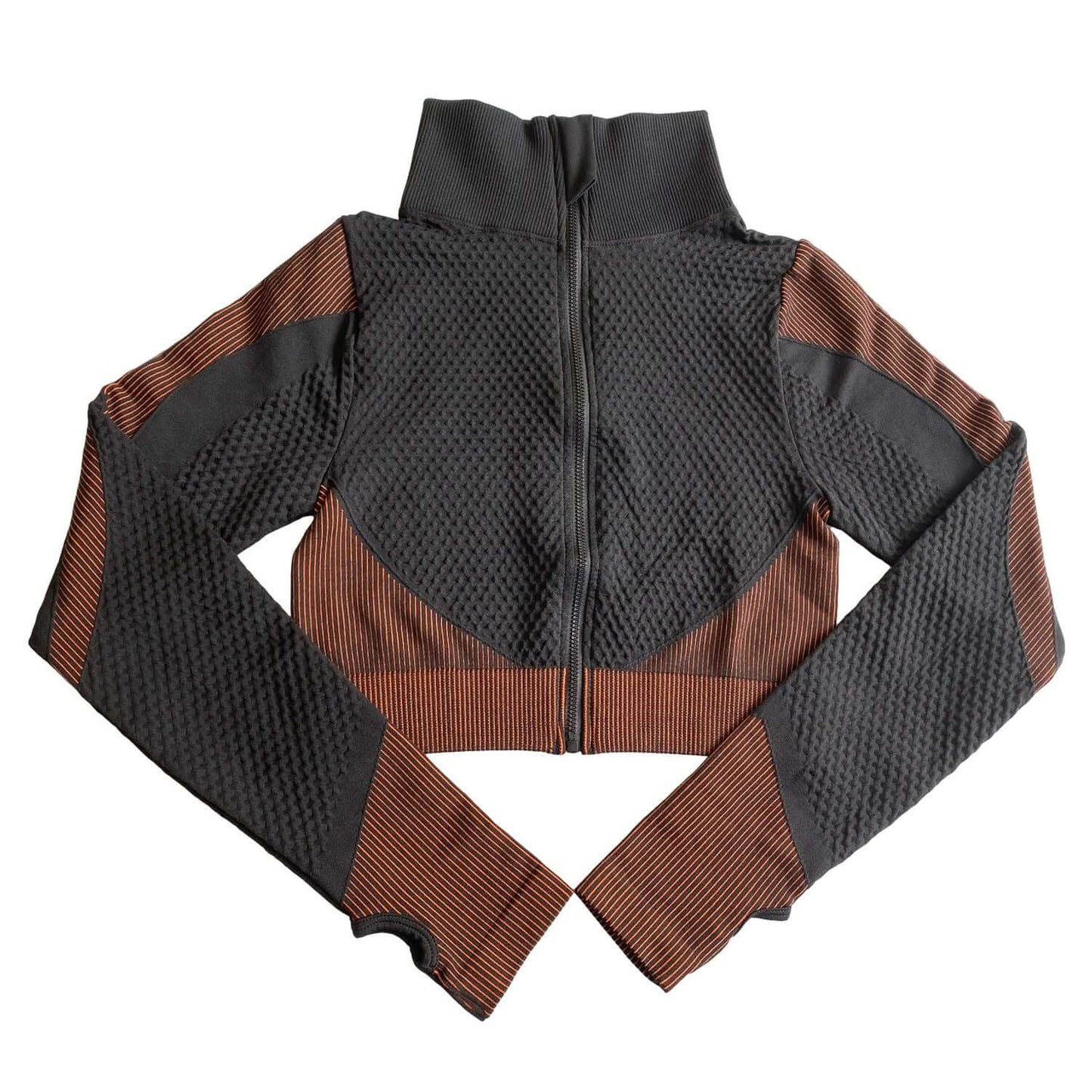 Shark seamless women's long sleeve exercise gym wear in black and brown, perfect for fitness in cooler seasons.