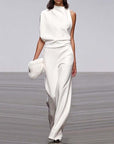 Solid Color One-Shoulder Pile Collar Jumpsuit