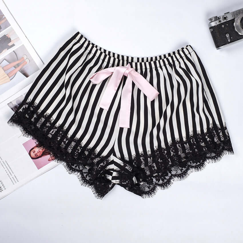 Pink ribbon black and white striped satin pajama shorts with lace trim, perfect for summer home wear.