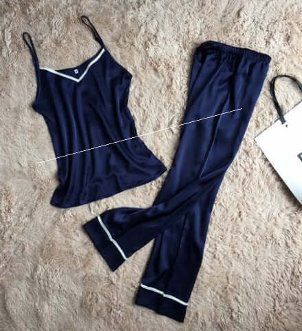 Silk sling plus trousers two-piece women's PJs from Little Miss Vanilla Clothing UK in navy blue.