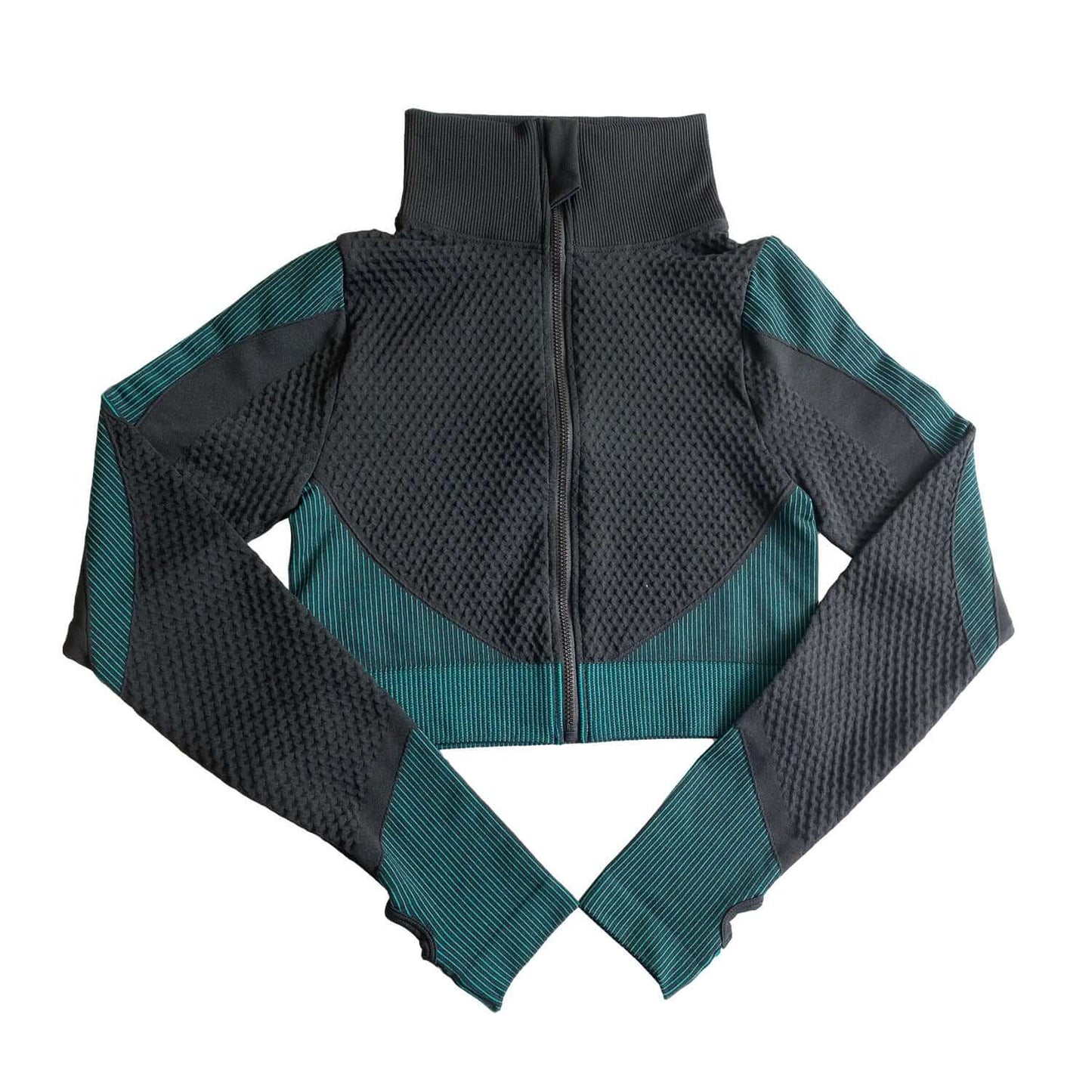 Back view of Shark Seamless Women's Long Sleeve Exercise Top in black and teal, ideal for fitness and active wear.