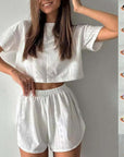 2pcs Casual Hollow Suit With Short-sleeved Crop Top And Elastic Slit Shorts Summer Fashion Sport Clothing For Women