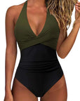 Women's sexy backless swimsuit in olive green and black, featuring a high-waisted, tight-fitting design.