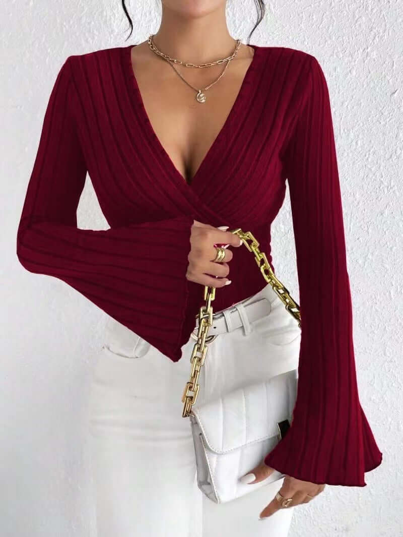 Women's Autumn And Winter Rib Sunken Stripe V-neck Slim-fit Long Sleeve T-shirt Women's Top