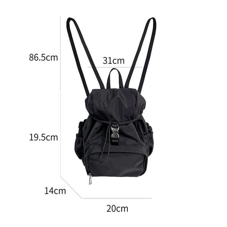 Simple small black nylon backpack dimensions 86.5cm x 31cm x 20cm for women, casual schoolbag design.