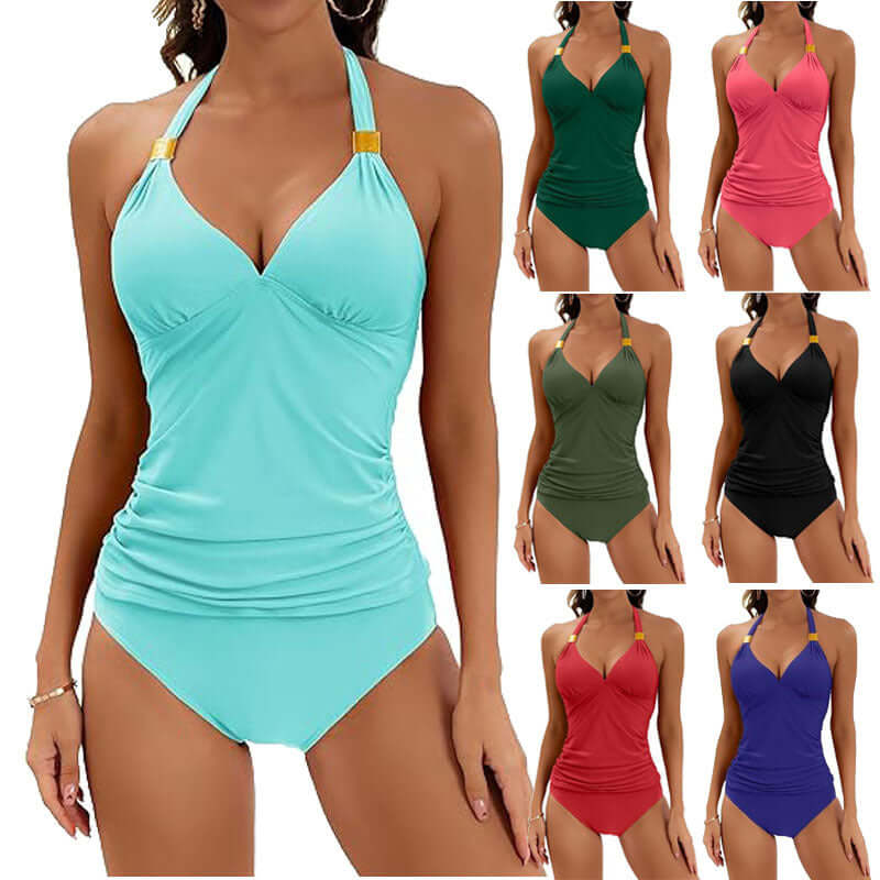Women's Pure Color Halter Split Tie Two Piece Swimsuit in multiple colors, perfect for summer beachwear.