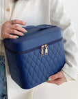 Portable Cosmetic Bag With Mirror Design Fashion Rhombus-Embroidery Double-layer Suitcase Large Capacity Make-up Storage Bags For Women