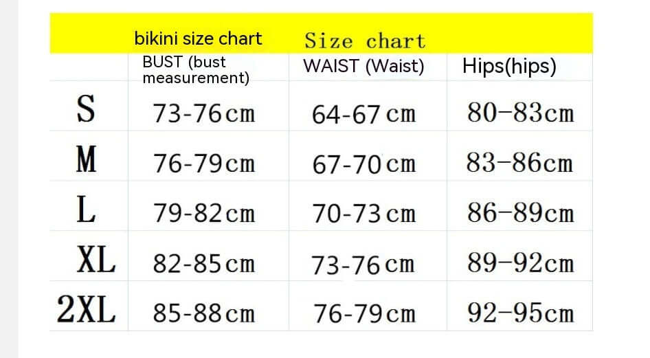 Women's bikini size chart displaying measurements for bust, waist, and hips in centimeters.