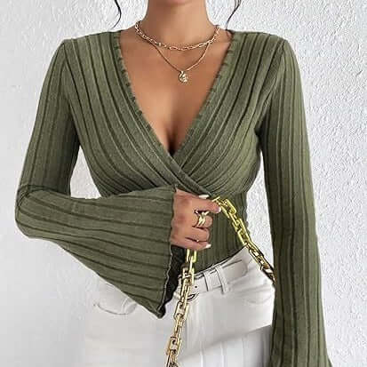 Women's Autumn And Winter Rib Sunken Stripe V-neck Slim-fit Long Sleeve T-shirt Women's Top