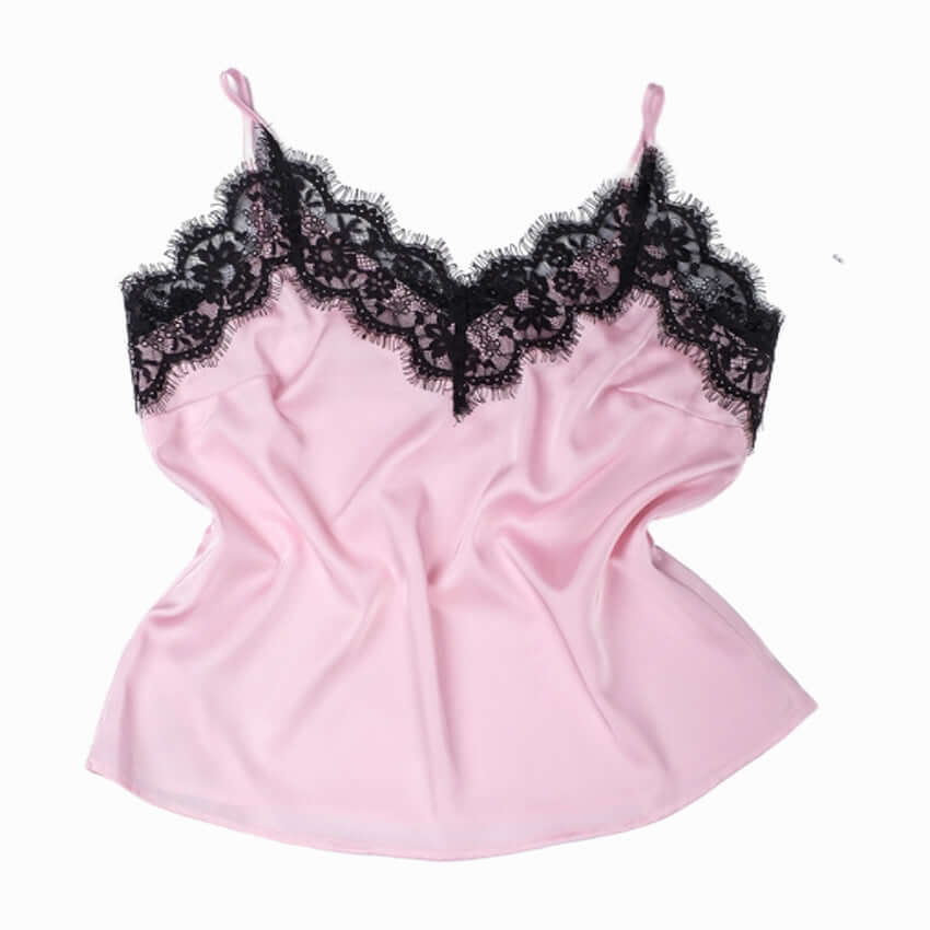 Pink silk satin camisole with black lace detailing, perfect for summer sleepwear and home wear.