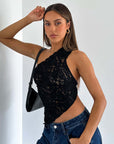Ins Lace Backless Top Summer Solid Color Waistless Asymmetrical Sloped Neck Vest Streetwear Womens Clothes