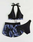 3pcs Leaf Print Bikini With Shorts Fashion Summer Beach Swimsuit Womens Clothing