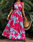 Print Deep V Neckline Cinched Waist Fit And Flare Dress Maxi Women Outfit