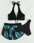 3pcs Leaf Print Bikini With Shorts Fashion Summer Beach Swimsuit Womens Clothing