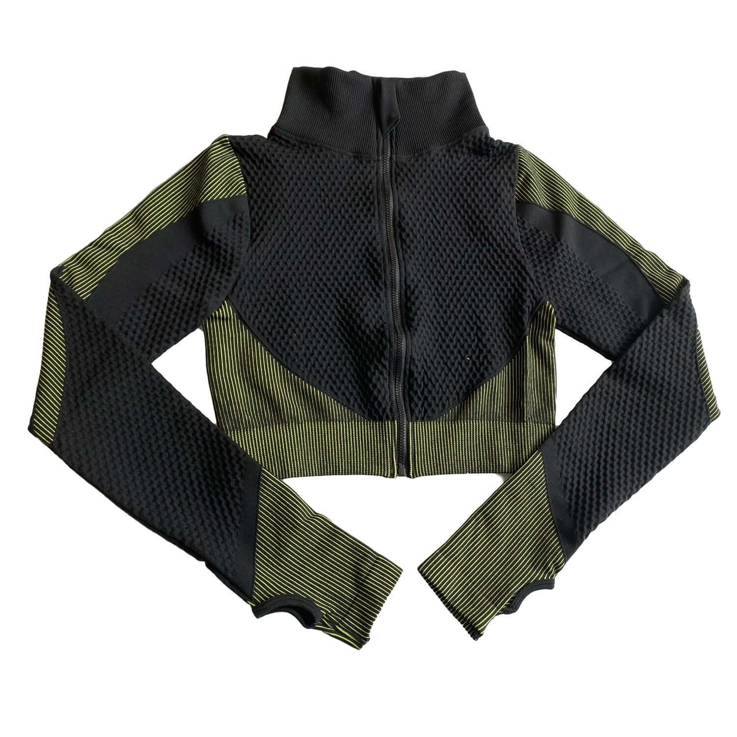 Shark seamless women's long sleeve exercise top in black and green, perfect for fitness and activewear.