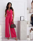 V-neck Sleeveless Jumpsuit With Belt Design Summer Fashion Trousers Women's Clothing