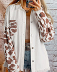White Cow Spot Patchwork Flap Pocket Distressed Hem Long Denim Jacket