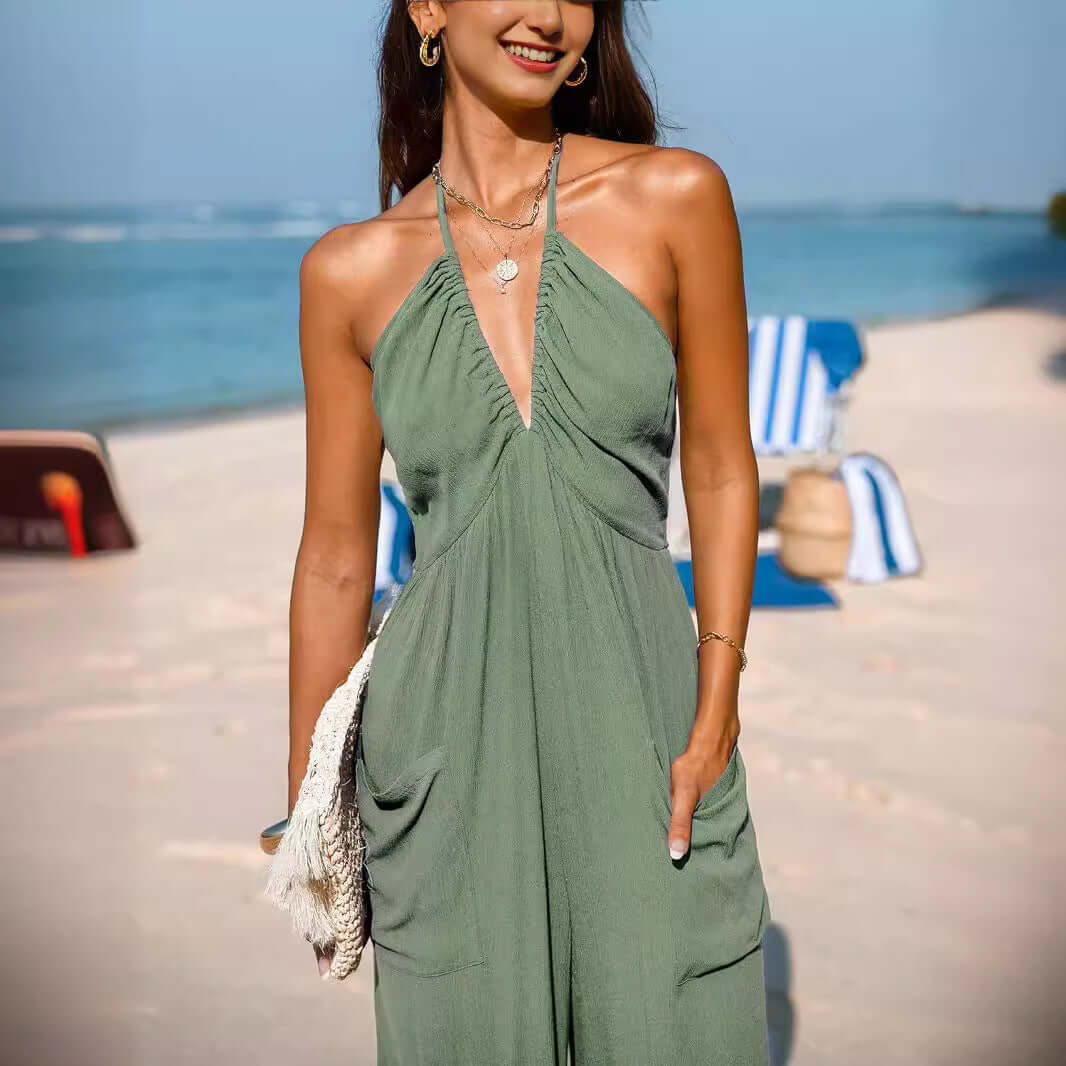 Back Lace-up Wide Leg Beam Foot Length Jumpsuit