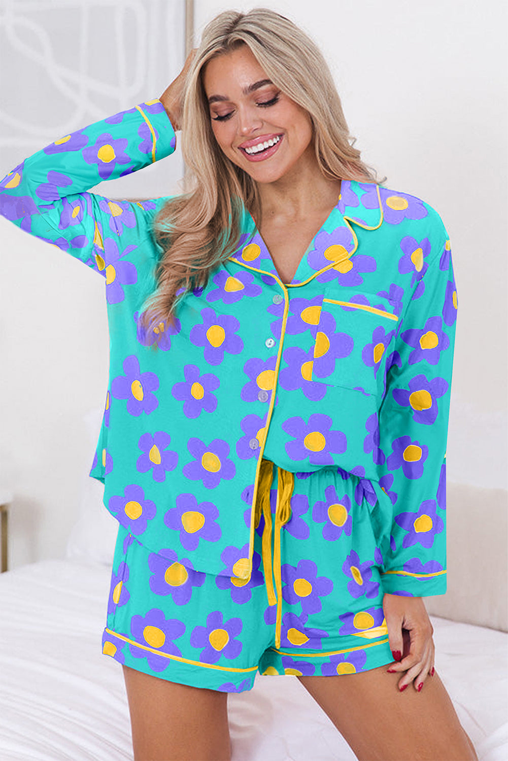Green Flower Print Long Sleeve Shirt Shorts Pajamas Set - Little Miss Vanilla