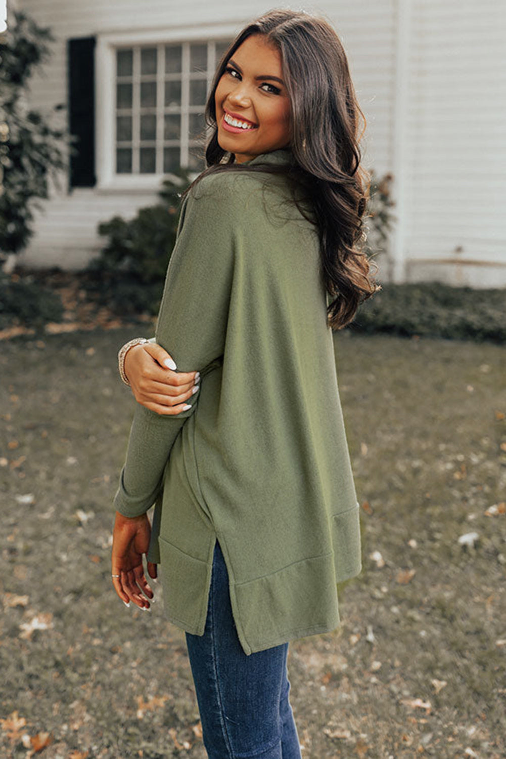 Side Slit High-Low Cowl Neck Long Sleeve Blouse - Little Miss Vanilla
