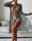 3pcs Pring Bikini With Long Sleeve Cardigan Fashion Summer Beach Swimsuit Women
