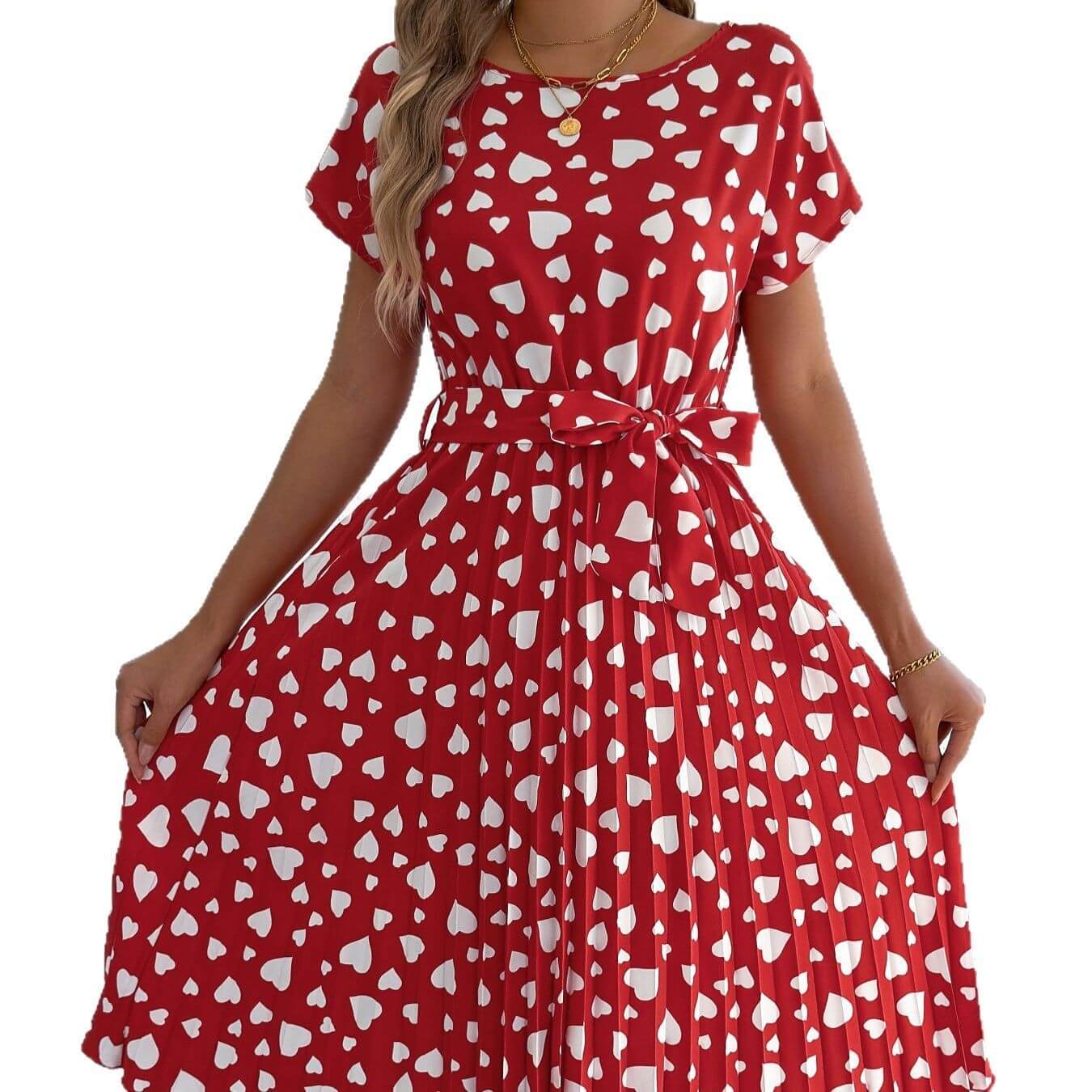 Casual Contrast Color Love Heart Short Sleeve Waist-controlled Pleated Dress
