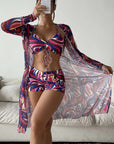 3pcs Pring Bikini With Long Sleeve Cardigan Fashion Summer Beach Swimsuit Women