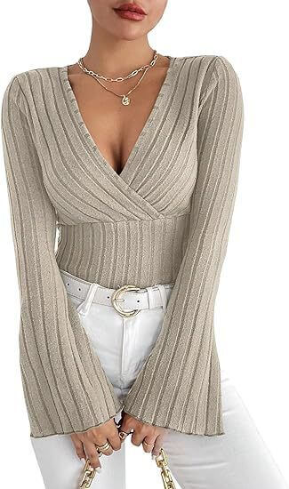 Women's Autumn And Winter Rib Sunken Stripe V-neck Slim-fit Long Sleeve T-shirt Women's Top