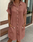 Summer Short Sleeve Shirt Dress Fashion Solid Color Single-breasted Mid-length Loose Dress