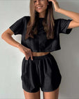 2pcs Casual Hollow Suit With Short-sleeved Crop Top And Elastic Slit Shorts Summer Fashion Sport Clothing For Women