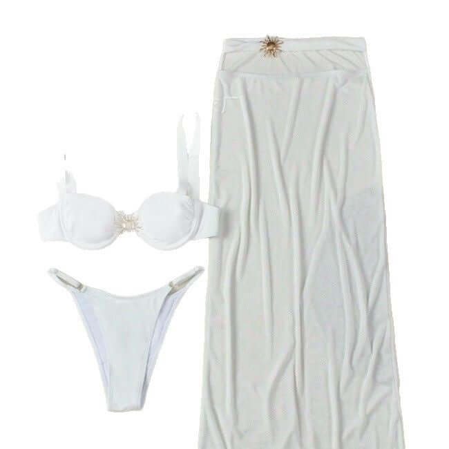 Three-piece women's swimwear set in white featuring a bra, trendy T pants, and a chic skirt for summer style.