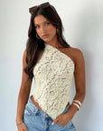 Ins Lace Backless Top Summer Solid Color Waistless Asymmetrical Sloped Neck Vest Streetwear Womens Clothes