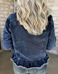 Navy Blue Ruffle Raw Hem Flap Pockets Denim Jacket