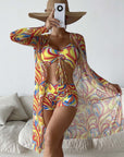 3pcs Pring Bikini With Long Sleeve Cardigan Fashion Summer Beach Swimsuit Women