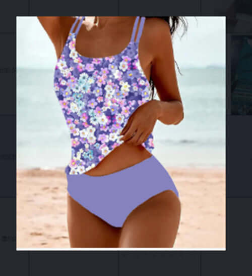 Women's swimwear featuring a floral print tankini with a purple bottom, perfect for beach outings.